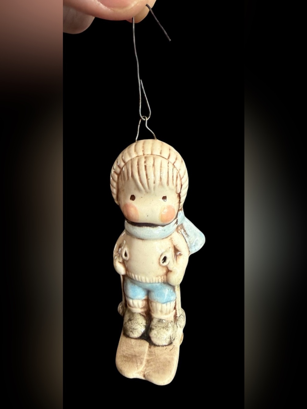Vintage Porceline Boy Skier Christmas Ornament (poss HOMCO?) 1980’s, 2.5”  NWT